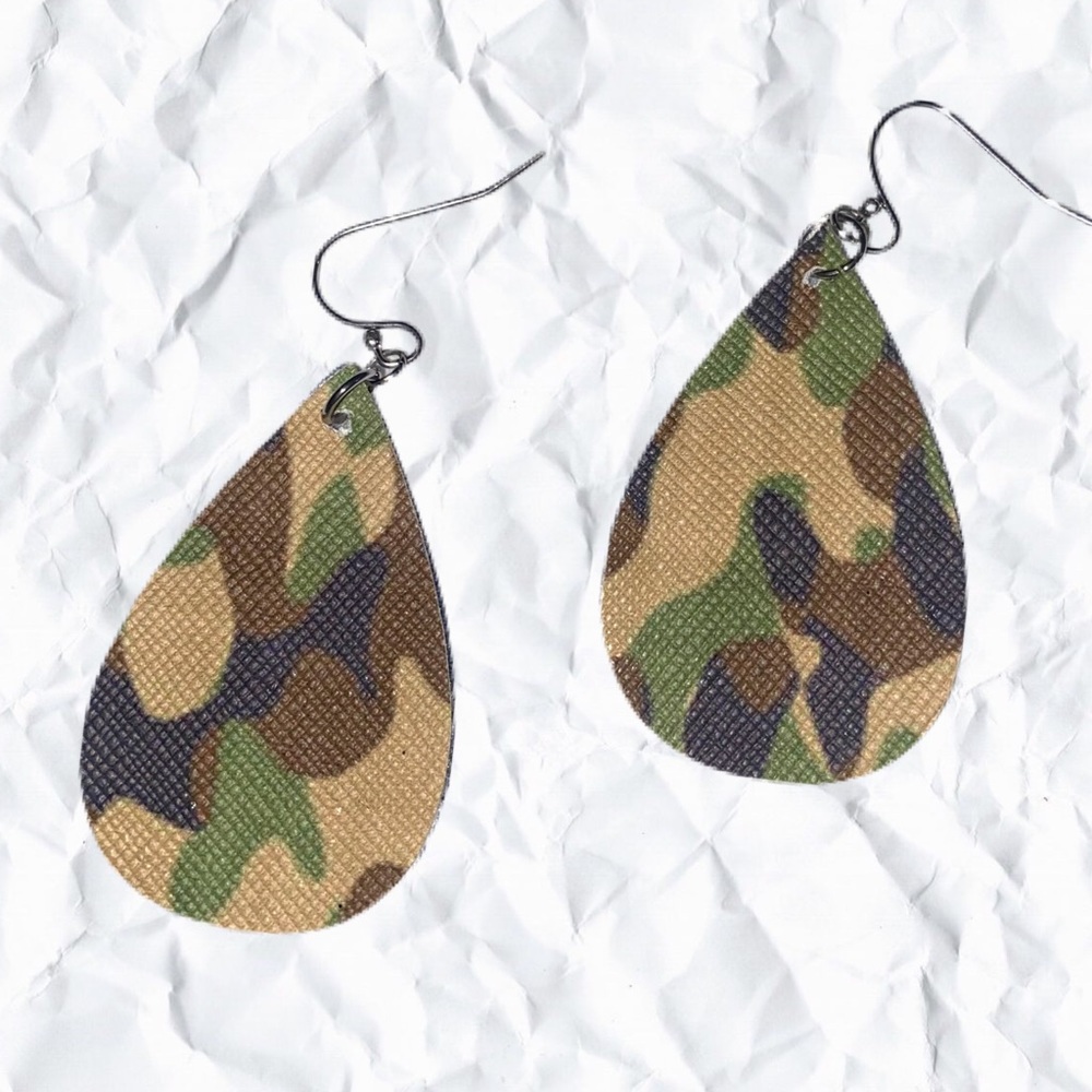 Green camo Double sided earrings. 1.5” inch length teardrop shape
